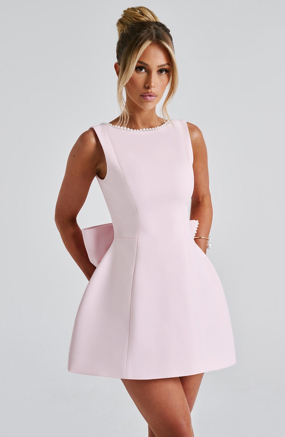 Elegant Pearl Trim Mini Dress for Women – view 2