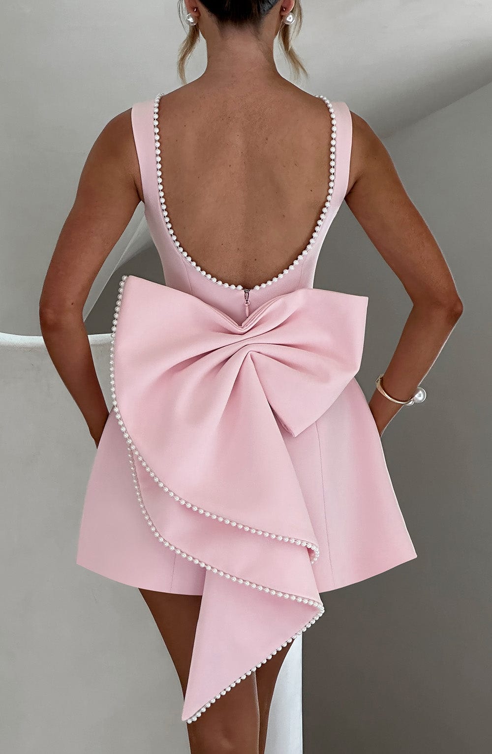 Elegant Pearl Trim Mini Dress for Women – view 3