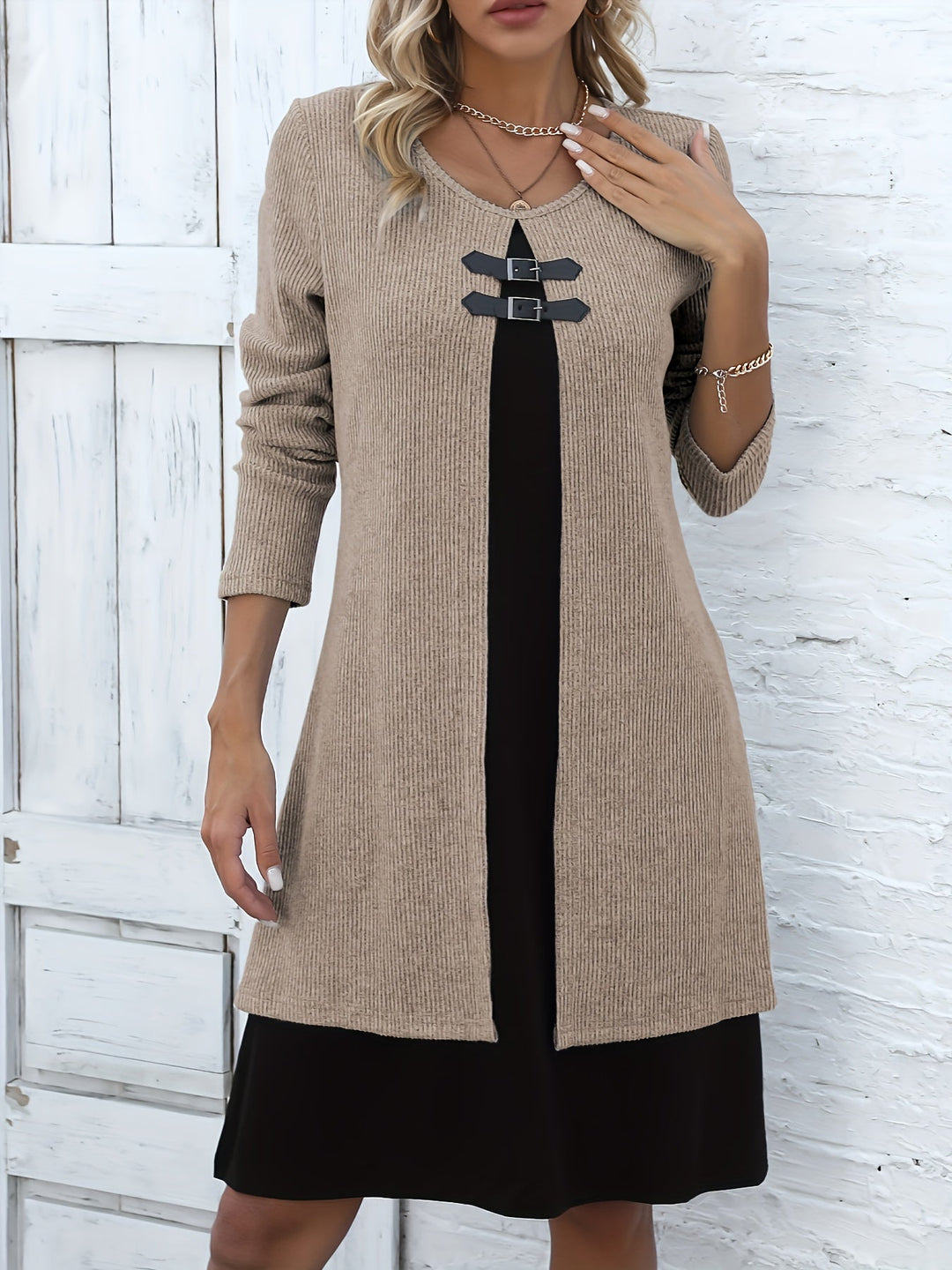 Elegant Ribbed Knit Two Tone Midi Dress for Women