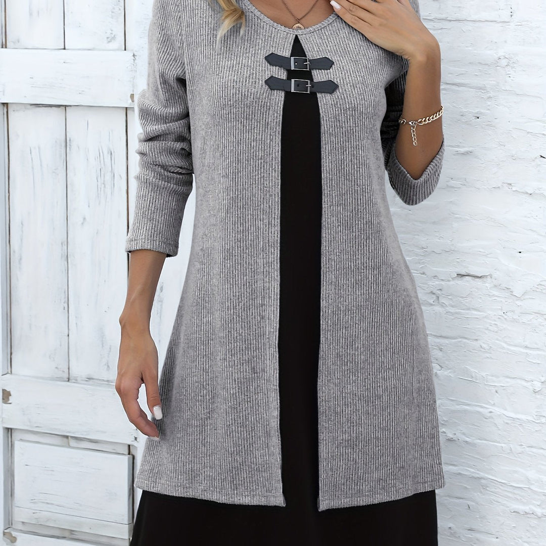 Elegant Ribbed Knit Two Tone Midi Dress for Women – view 11