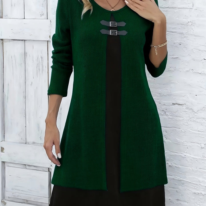 Elegant Ribbed Knit Two Tone Midi Dress for Women – view 13