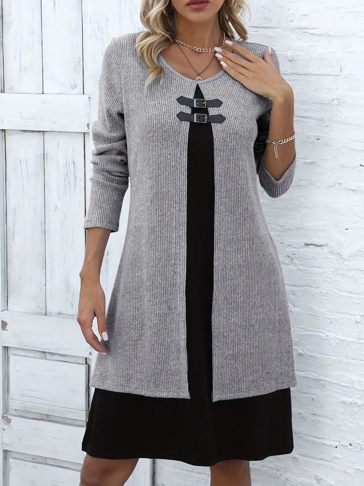 Elegant Ribbed Knit Two Tone Midi Dress for Women – view 5