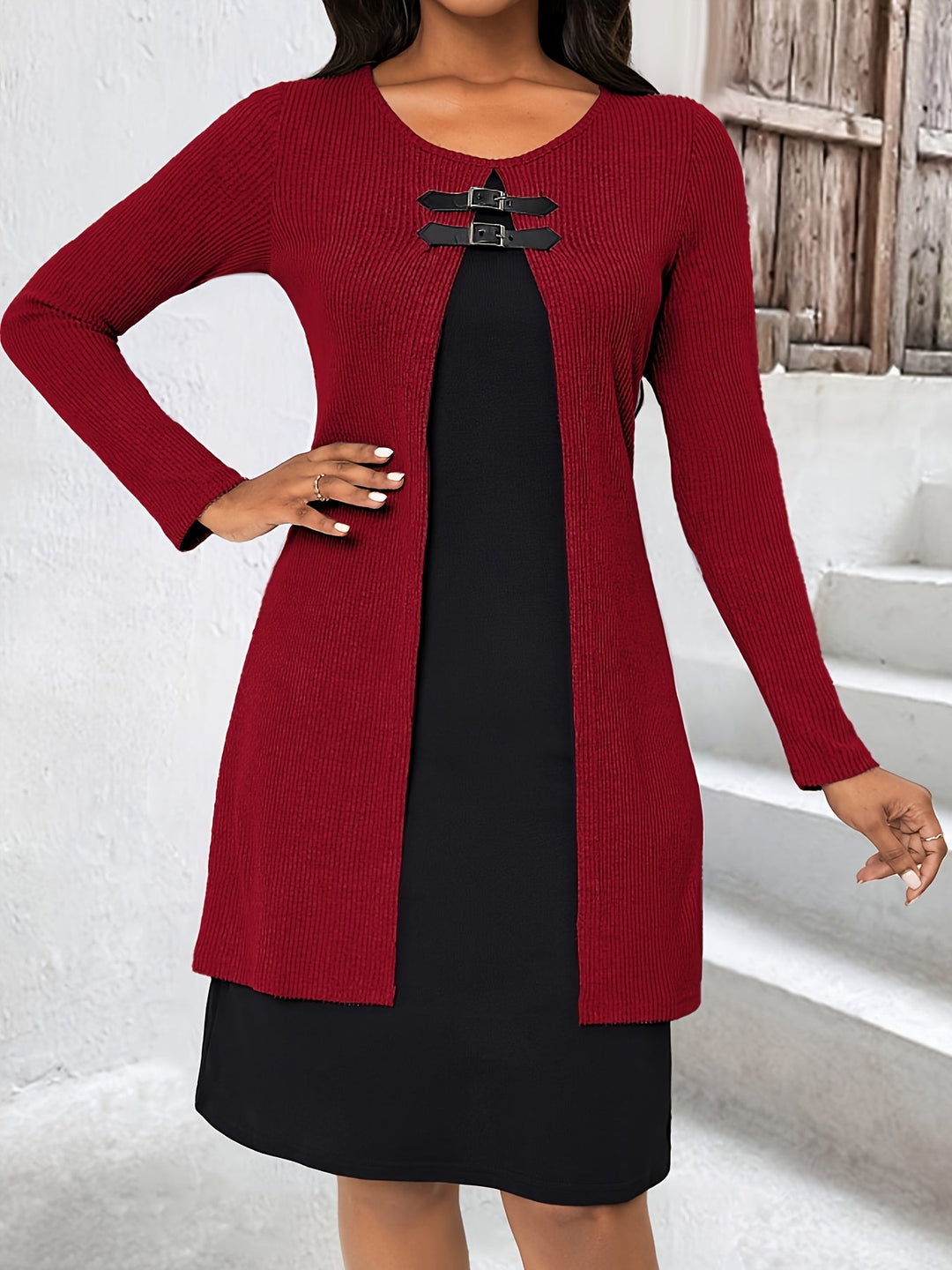 Elegant Ribbed Knit Two Tone Midi Dress for Women – view 7