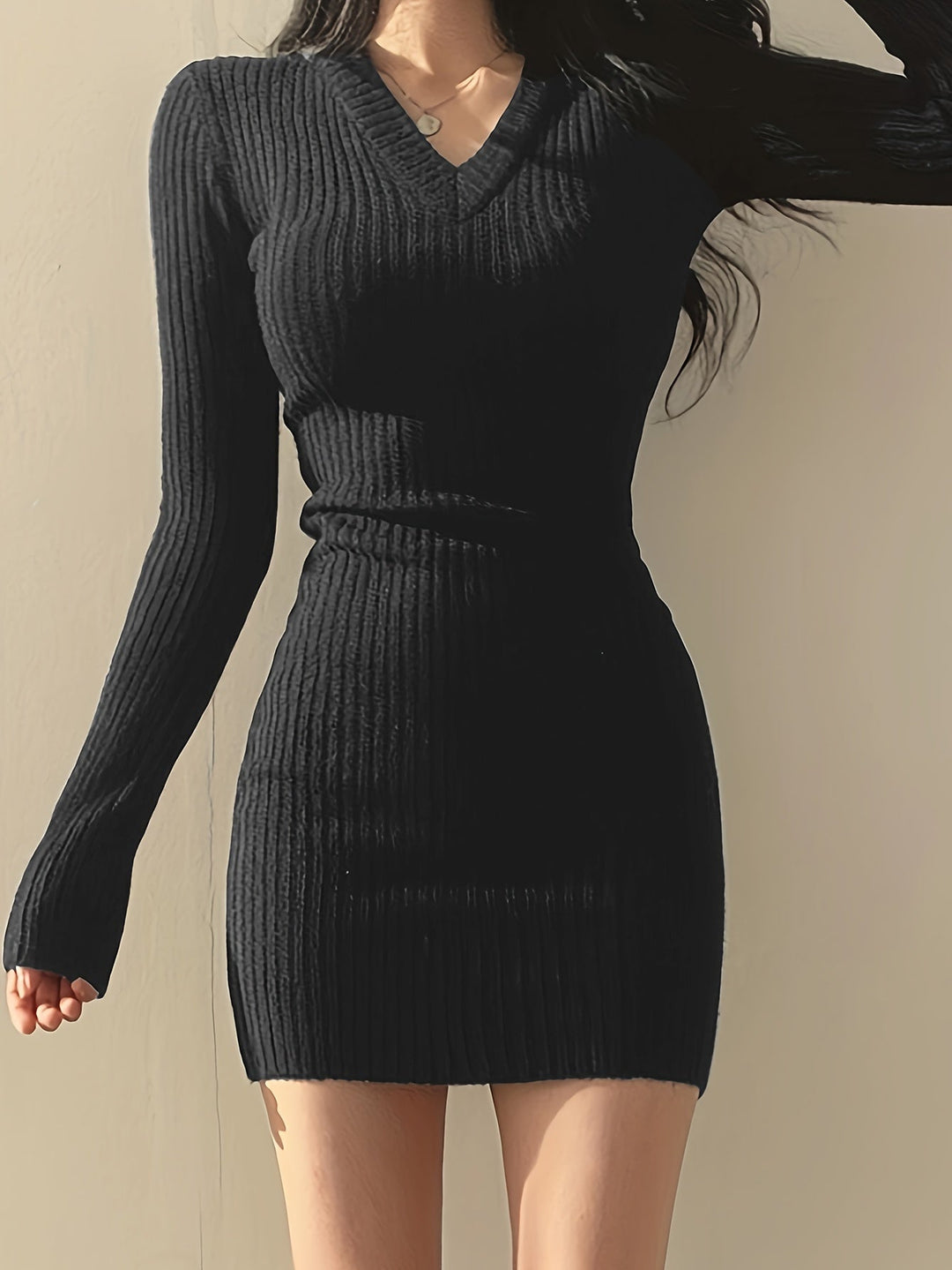 Elegant Ribbed Sweater Mini Dress for Women – view 4