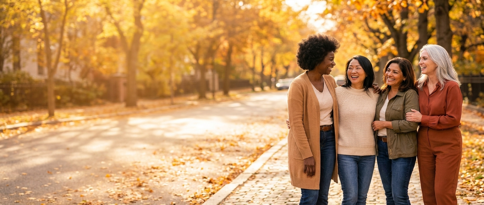 Four women on an autumn street - wide