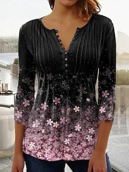Effortless Floral Blouse for Women with Notched Neck Bell Sleeve Pintuck Button Front Casual Style