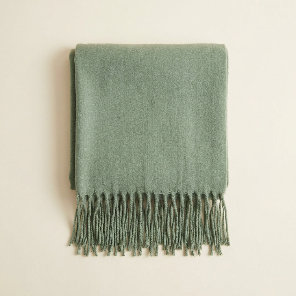 Livia fringed blanket scarf in muted sage with long tassels, folded on a cream studio backdrop