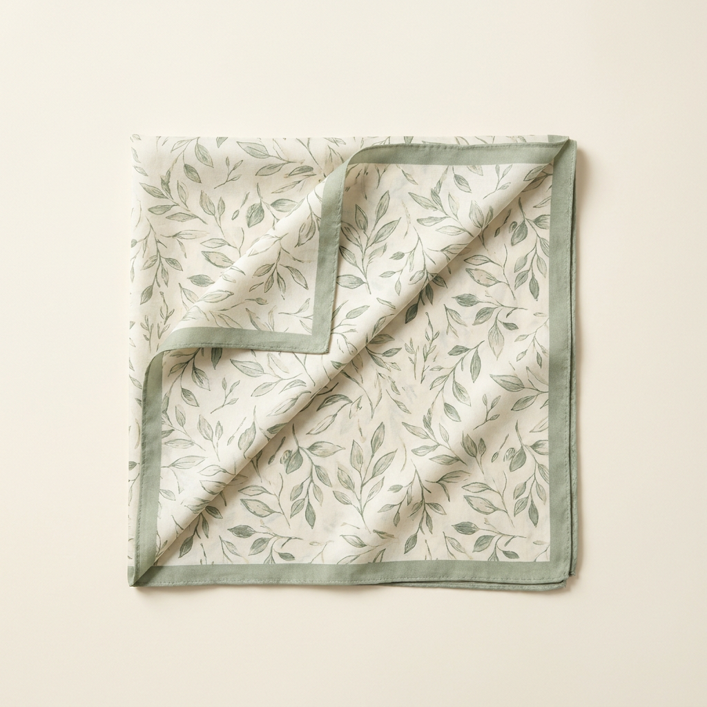 Luciana botanical square scarf in sage and cream, folded on a cream studio backdrop