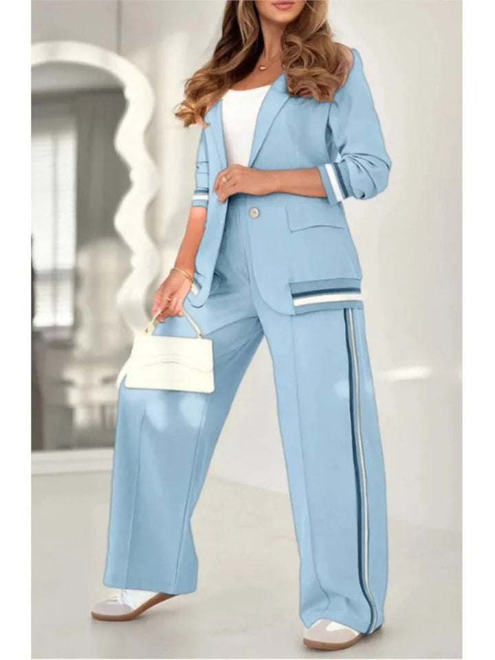 Elegant Two Piece Set for Women with Notch Lapel Blazer Striped Trim Wide Leg Pant Business Style