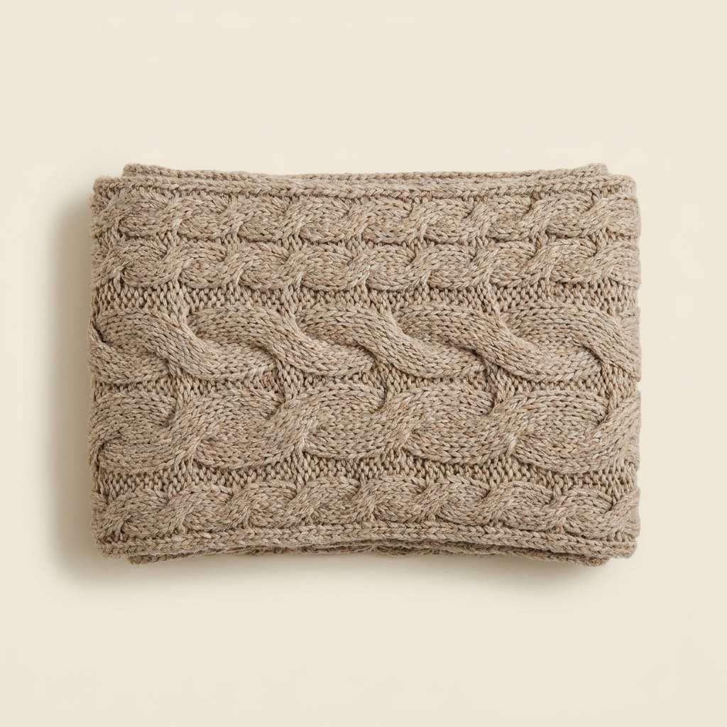 Marta cable knit blanket scarf in oatmeal taupe, folded on a cream studio backdrop