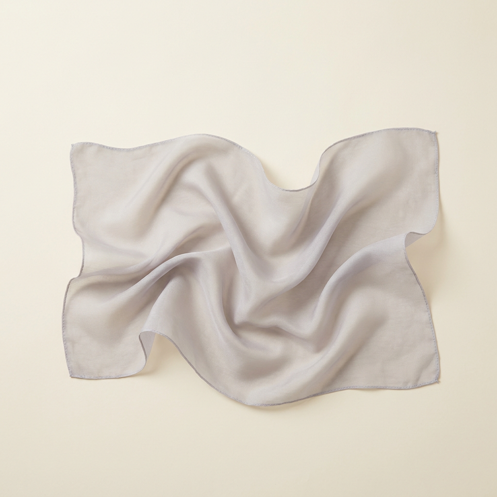 Martina sheer long scarf in pale dove grey, arranged on a cream studio backdrop