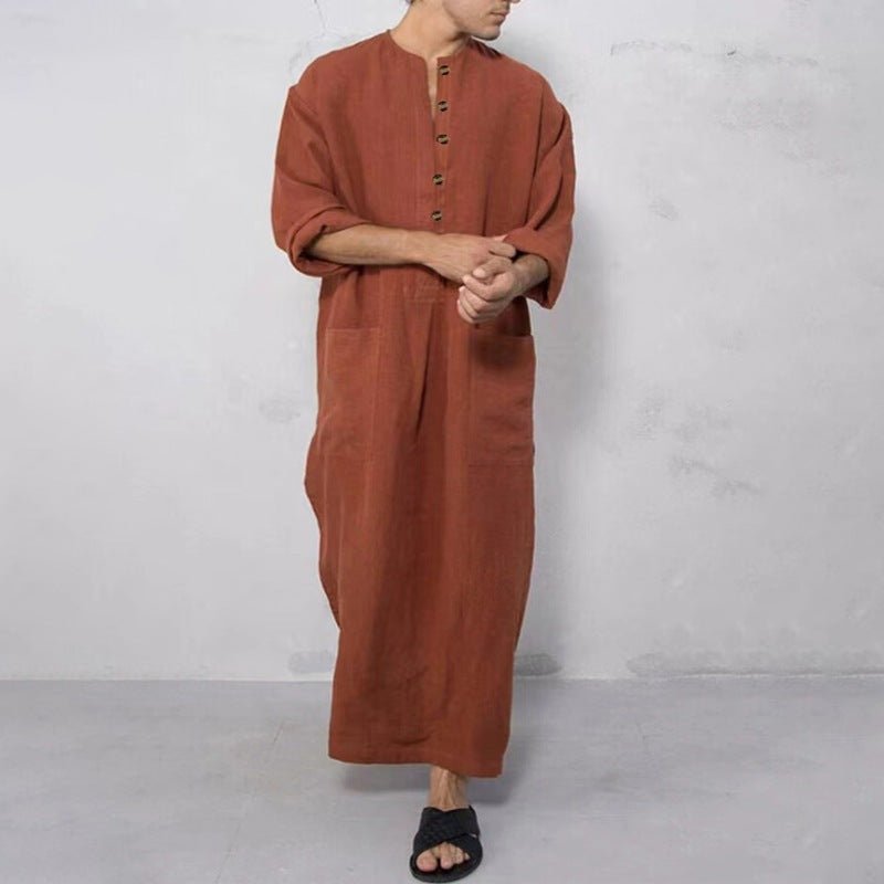Effortless Linen Kaftan for Women with Stand Collar Long Sleeve Button Front Relaxed Flowing Style