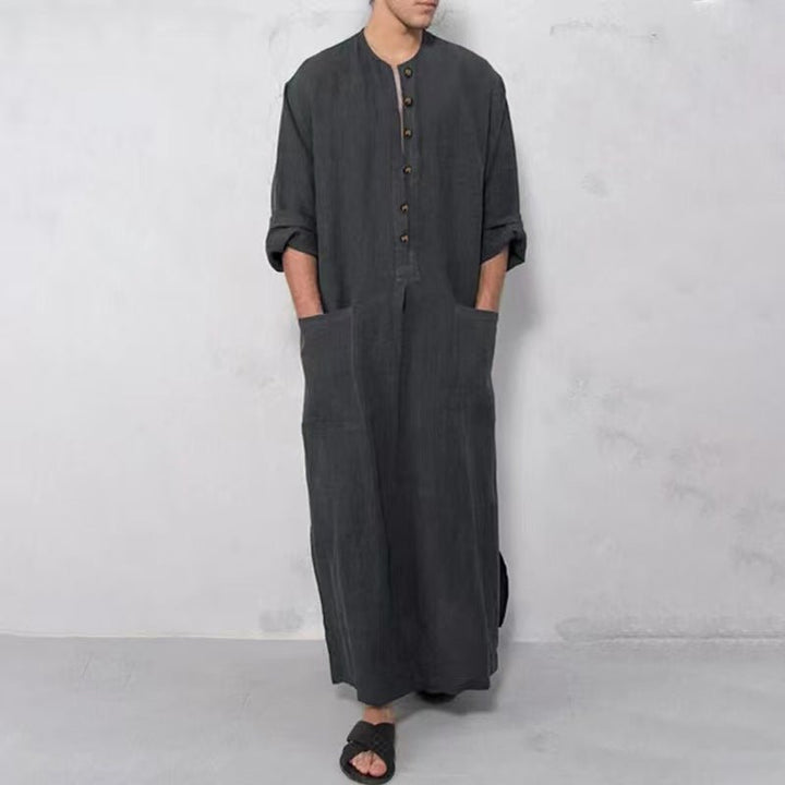 Effortless Linen Kaftan for Women with Stand Collar Long Sleeve Button Front Relaxed Flowing Style