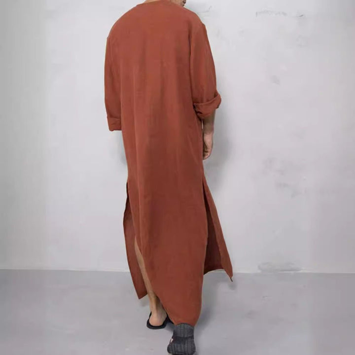 Effortless Linen Kaftan for Women with Stand Collar Long Sleeve Button Front Relaxed Flowing Style