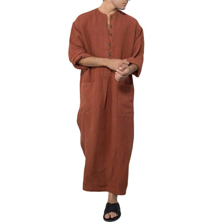 Effortless Linen Kaftan for Women with Stand Collar Long Sleeve Button Front Relaxed Flowing Style