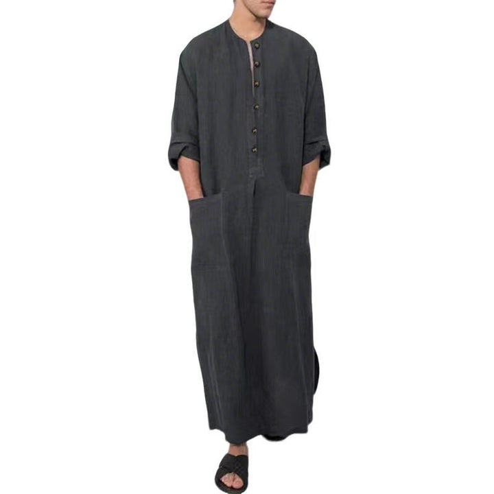 Effortless Linen Kaftan for Women with Stand Collar Long Sleeve Button Front Relaxed Flowing Style