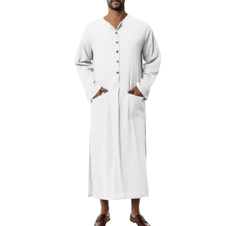 Effortless Linen Kaftan for Women with Stand Collar Long Sleeve Button Front Relaxed Flowing Style