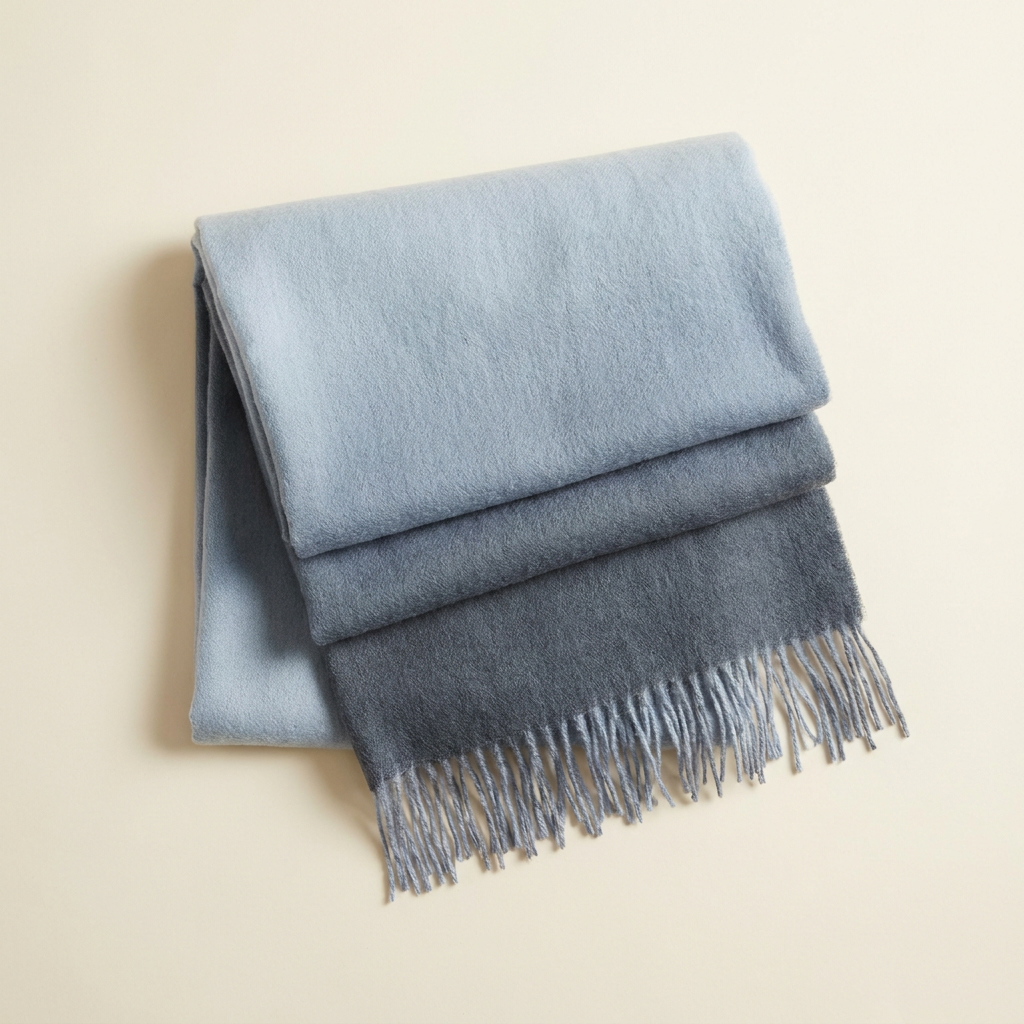 Nadia gradient blanket scarf shading dusty blue to slate, folded on a cream studio backdrop