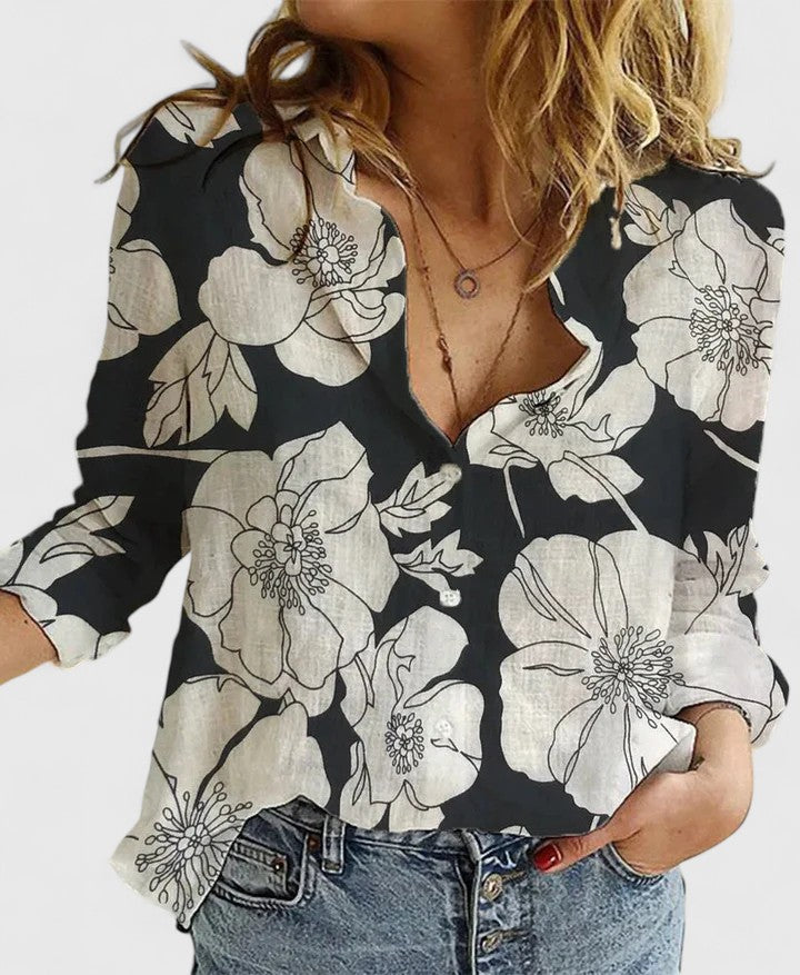Effortless Floral Blouse for Women with Collar V Neck Long Sleeve Button Front Relaxed Style