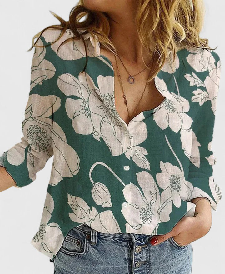 Effortless Floral Blouse for Women with Collar V Neck Long Sleeve Button Front Relaxed Style