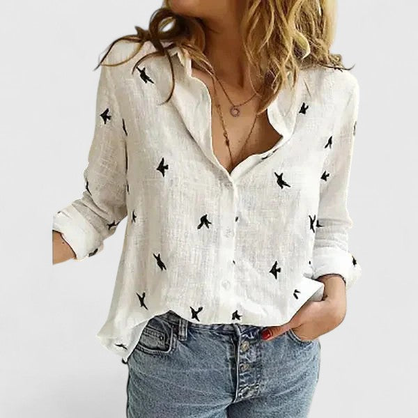 Effortless Floral Blouse for Women with Collar V Neck Long Sleeve Button Front Relaxed Style