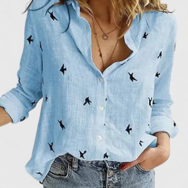 Effortless Floral Blouse for Women with Collar V Neck Long Sleeve Button Front Relaxed Style