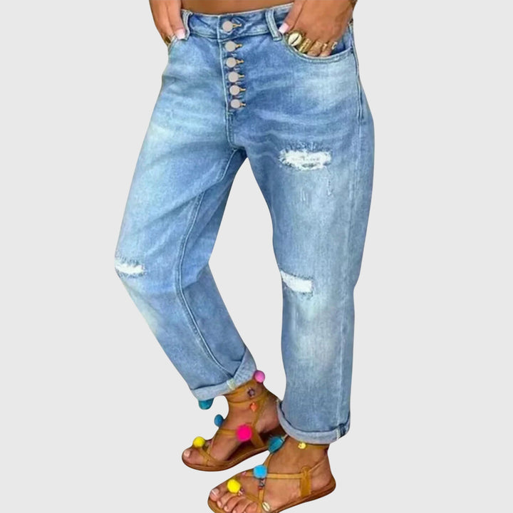 Effortless Blue Distressed Boyfriend Jeans for Women with High Waist Button Fly Cuffed Relaxed Casual Style