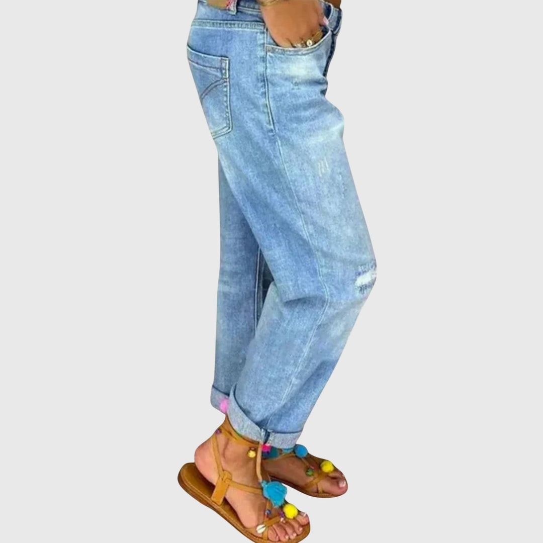 Effortless Blue Distressed Boyfriend Jeans for Women with High Waist Button Fly Cuffed Relaxed Casual Style