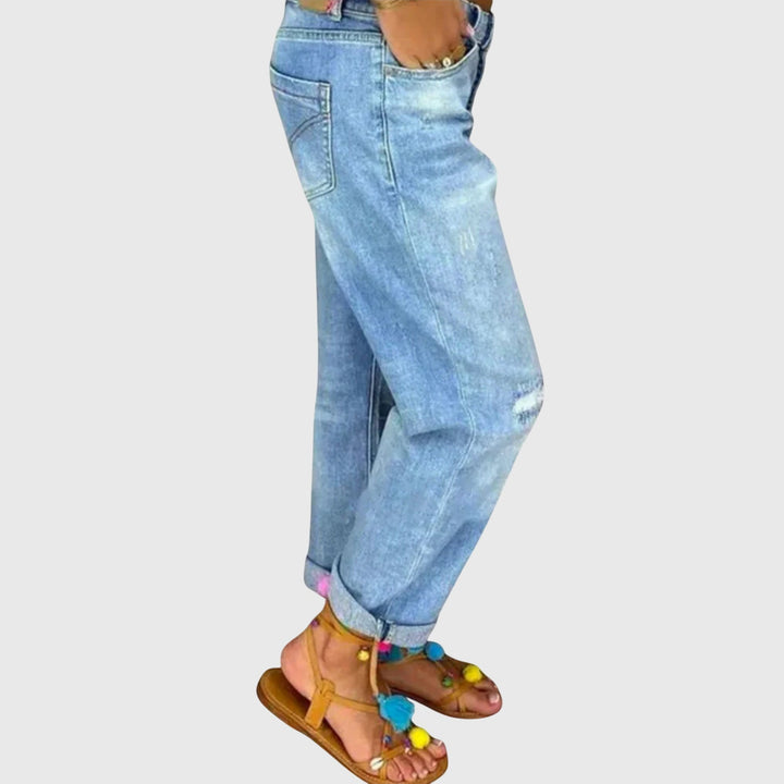 Effortless Blue Distressed Boyfriend Jeans for Women with High Waist Button Fly Cuffed Relaxed Casual Style