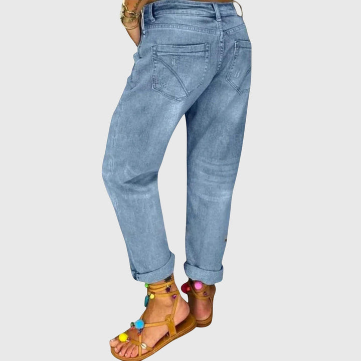 Effortless Blue Distressed Boyfriend Jeans for Women with High Waist Button Fly Cuffed Relaxed Casual Style