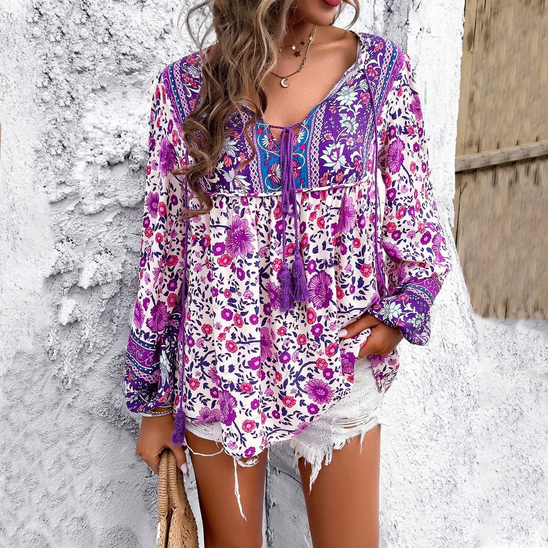 Effortless Floral Blouse for Women with V Neck Long Sleeve Tassel Tie Boho Style