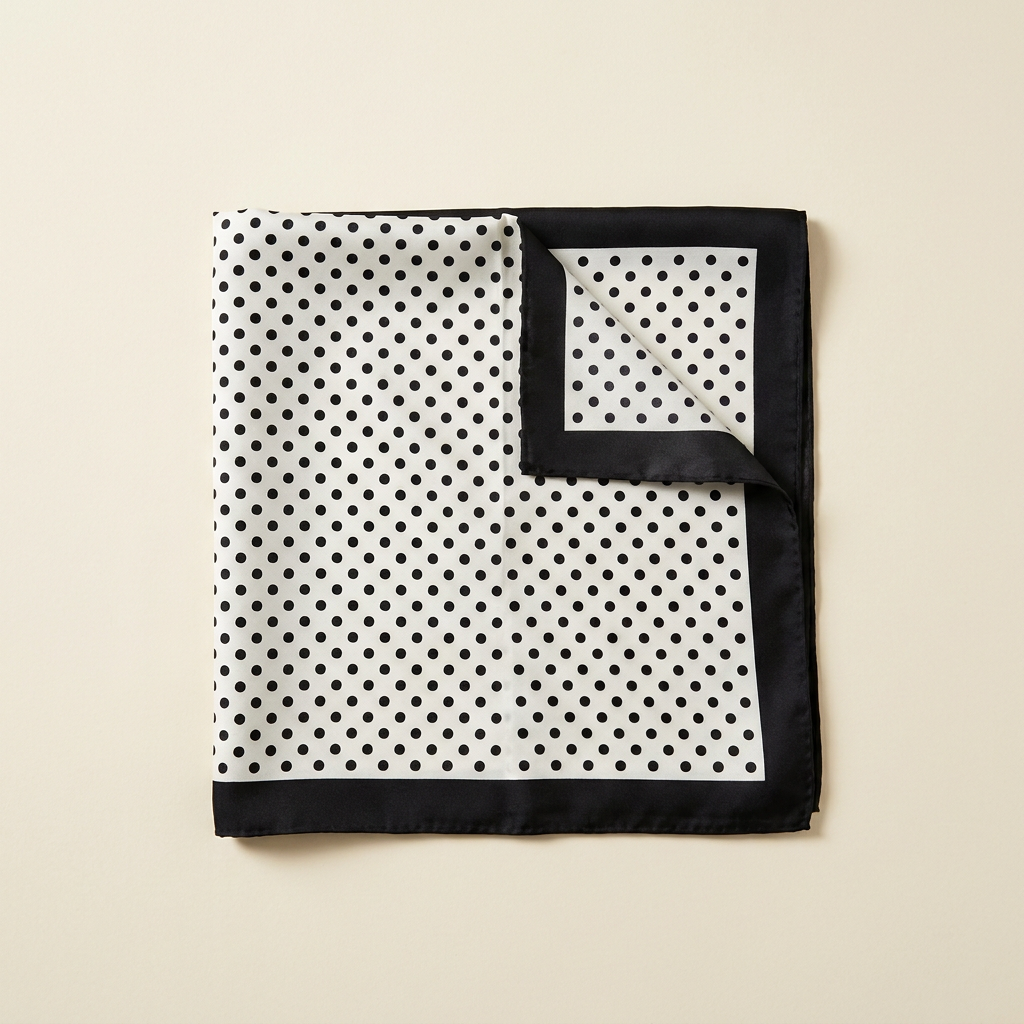 Serena polka dot square scarf in black and white, folded on a cream studio backdrop