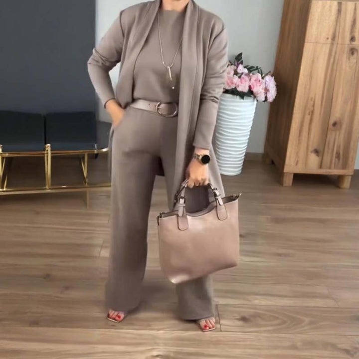 Elegant Three Piece Set for Women with Open Front Duster Cardigan Sleeveless Top Wide Leg Pant Formal Style