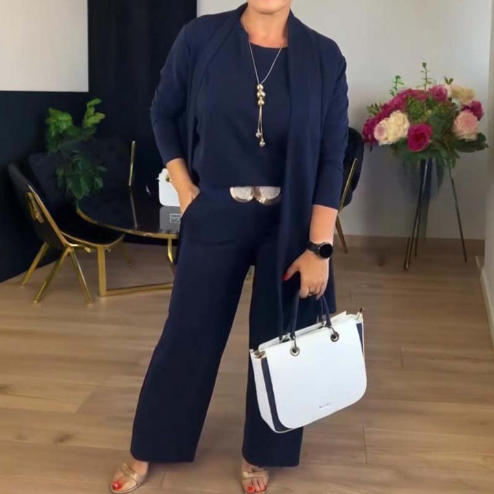 Elegant Three Piece Set for Women with Open Front Duster Cardigan Sleeveless Top Wide Leg Pant Formal Style