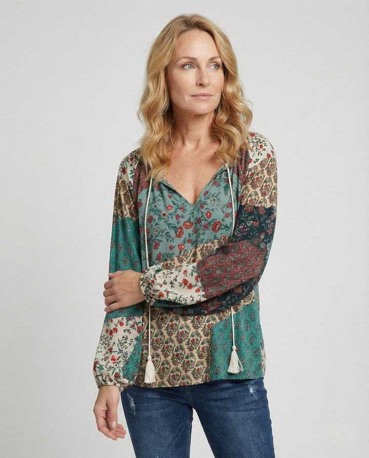 Effortless Patchwork Floral Blouse for Women with V Neck Long Sleeve Tasseled Tie Bohemian Style