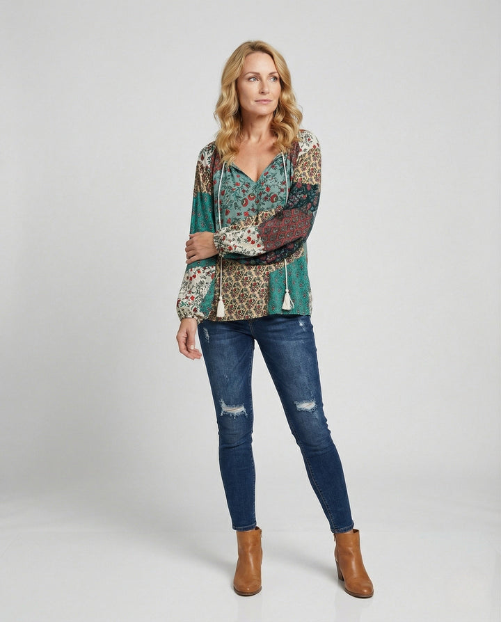 Effortless Patchwork Floral Blouse for Women with V Neck Long Sleeve Tasseled Tie Bohemian Style