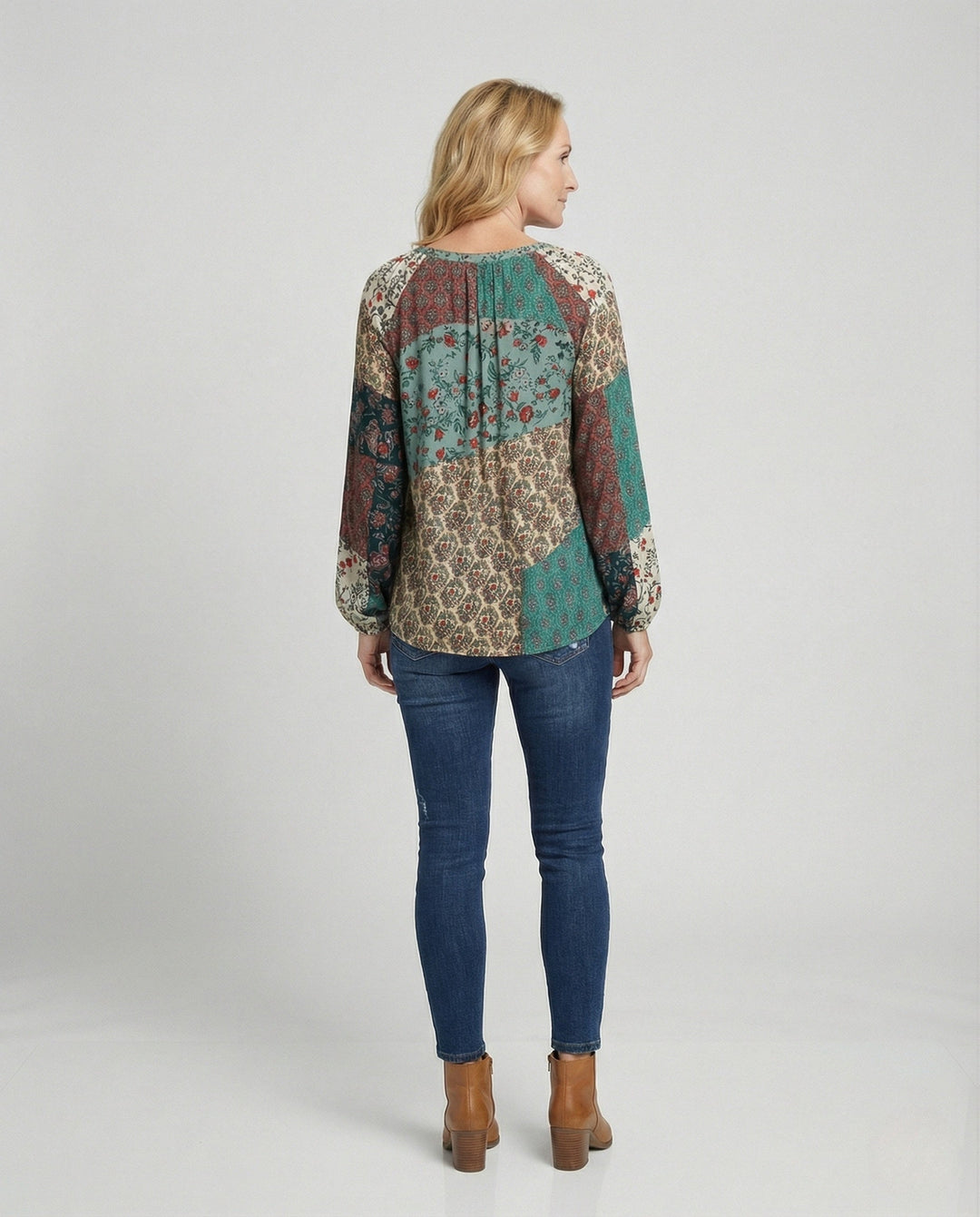 Effortless Patchwork Floral Blouse for Women with V Neck Long Sleeve Tasseled Tie Bohemian Style