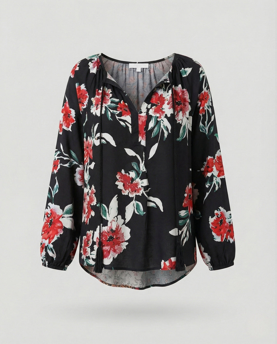 Effortless Patchwork Floral Blouse for Women with V Neck Long Sleeve Tasseled Tie Bohemian Style