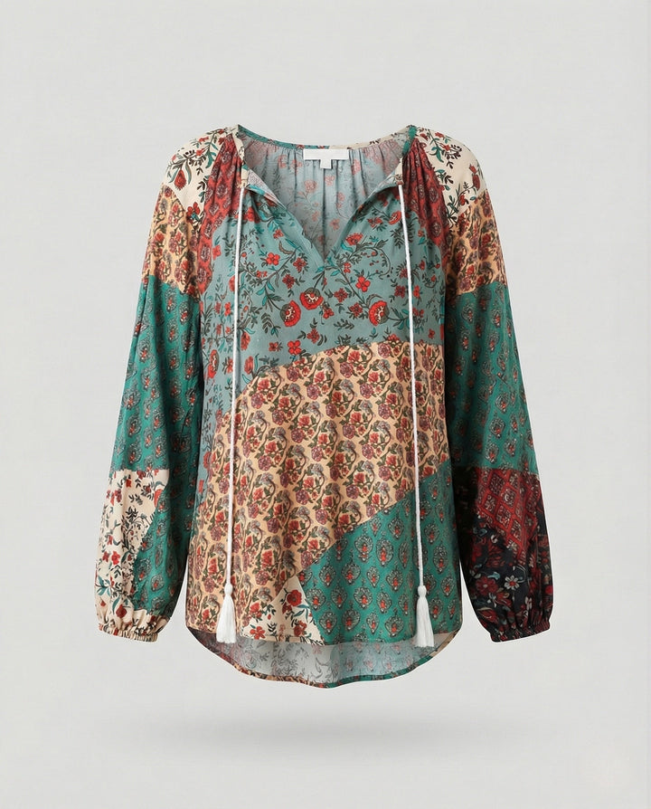 Effortless Patchwork Floral Blouse for Women with V Neck Long Sleeve Tasseled Tie Bohemian Style