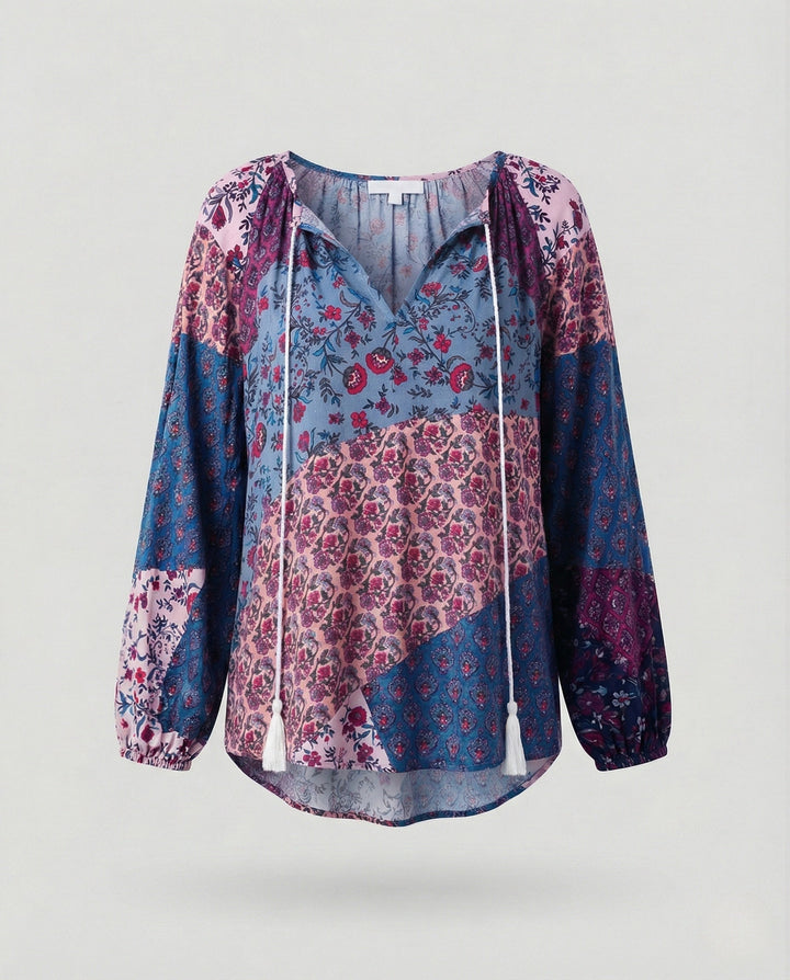 Effortless Patchwork Floral Blouse for Women with V Neck Long Sleeve Tasseled Tie Bohemian Style