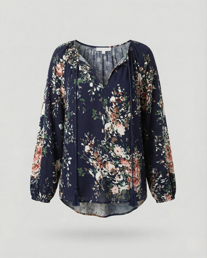 Effortless Patchwork Floral Blouse for Women with V Neck Long Sleeve Tasseled Tie Bohemian Style