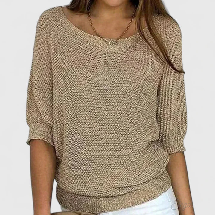 Comfortable Knit Sweater for Women with Scoop Neck Dolman Sleeve Ribbed Hem Relaxed Style