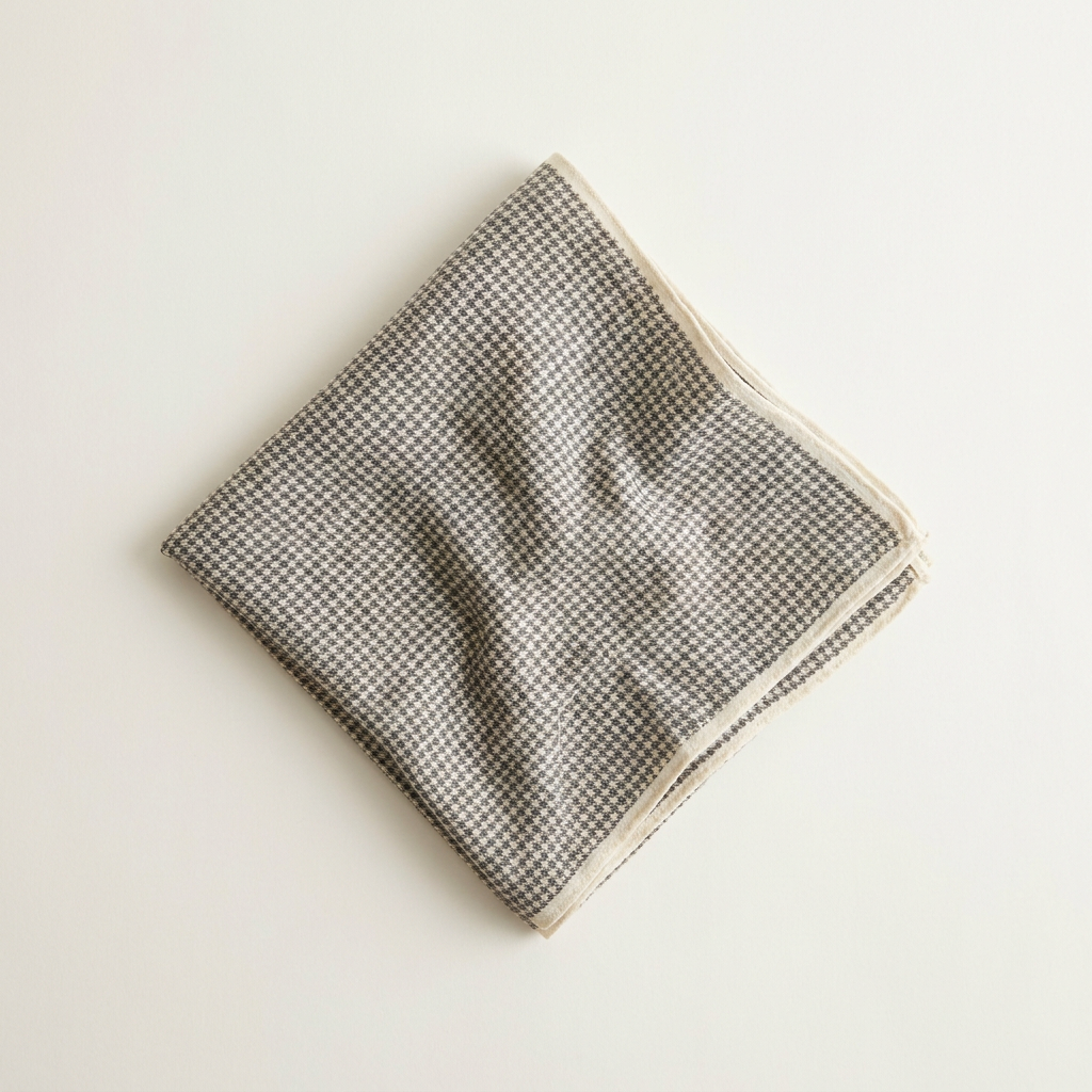 Valentina houndstooth square scarf in charcoal and cream, folded on a cream studio backdrop