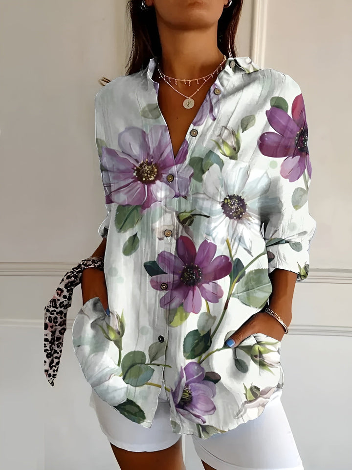 Effortless Floral Print Blouse for Women with Collar Long Sleeve Button Front Relaxed Style