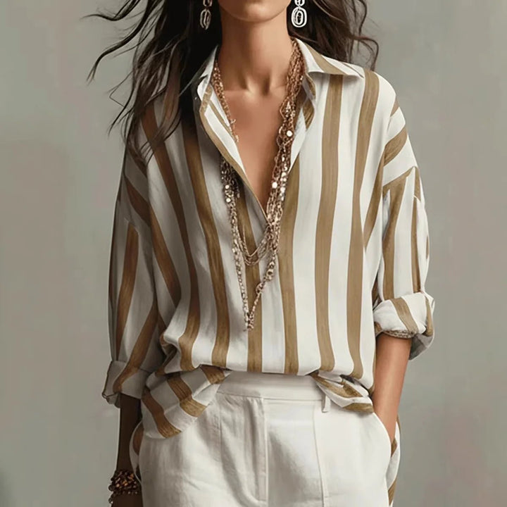 Effortless Striped Blouse for Women with Collar Long Sleeve Relaxed Oversized Style