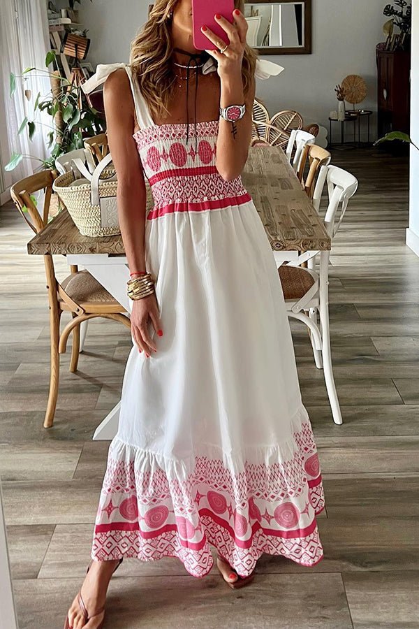 Elegant White Boho Maxi Dress for Women with Square Neck Tie Strap Smocked Bodice Flowing Style