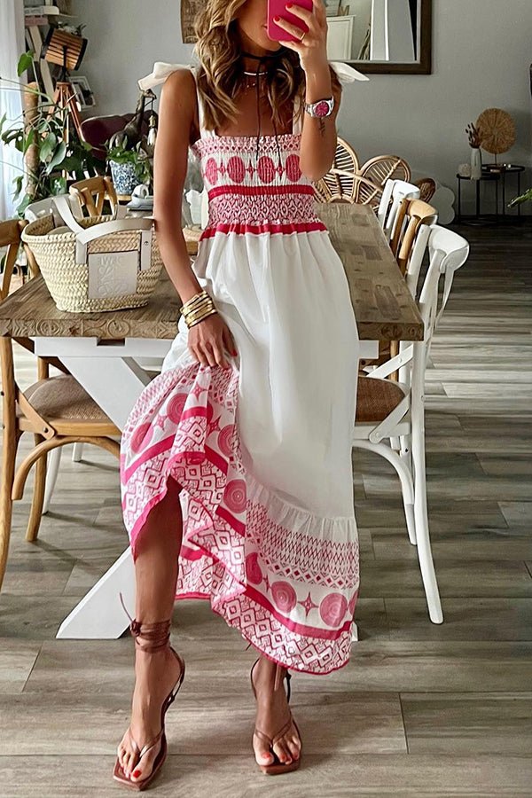 Elegant White Boho Maxi Dress for Women with Square Neck Tie Strap Smocked Bodice Flowing Style