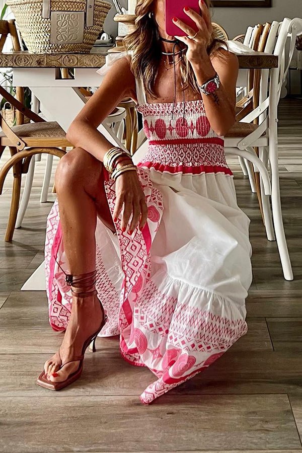 Elegant White Boho Maxi Dress for Women with Square Neck Tie Strap Smocked Bodice Flowing Style