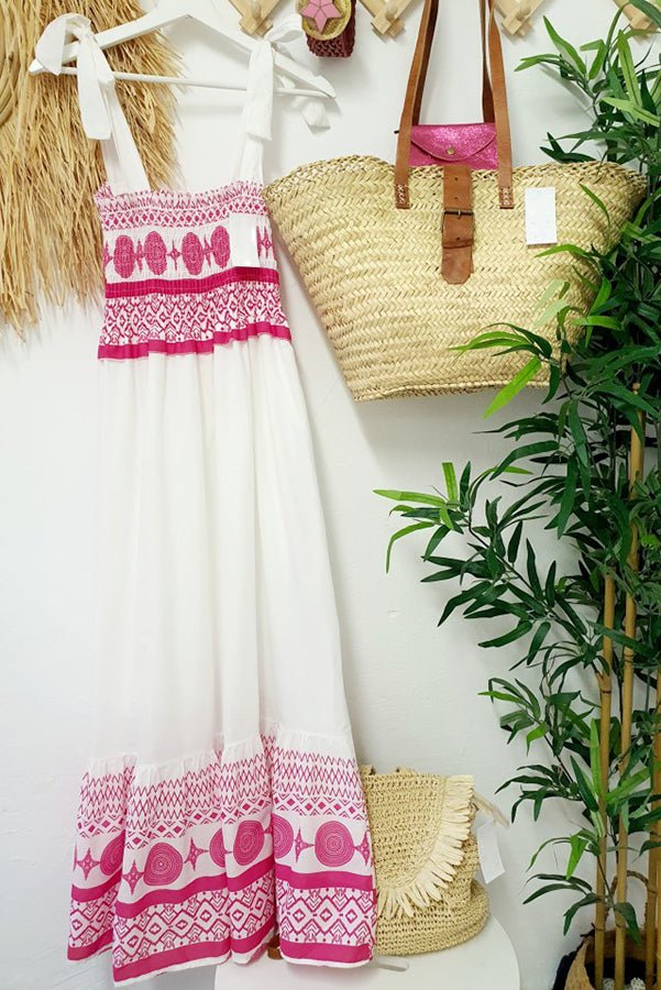 Elegant White Boho Maxi Dress for Women with Square Neck Tie Strap Smocked Bodice Flowing Style