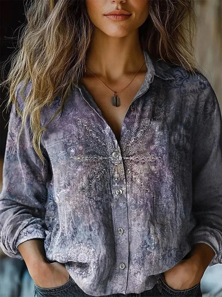 Effortless Paisley Print Blouse for Women with Collar Long Sleeve Button Front Relaxed Bohemian Style